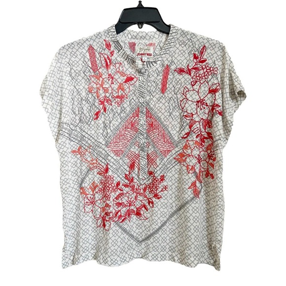 Johnny Was Tops - Johnny Was NWT Motubena Embroidered Silk Blouse Top Boho Sz S Gray Relaxed Fit